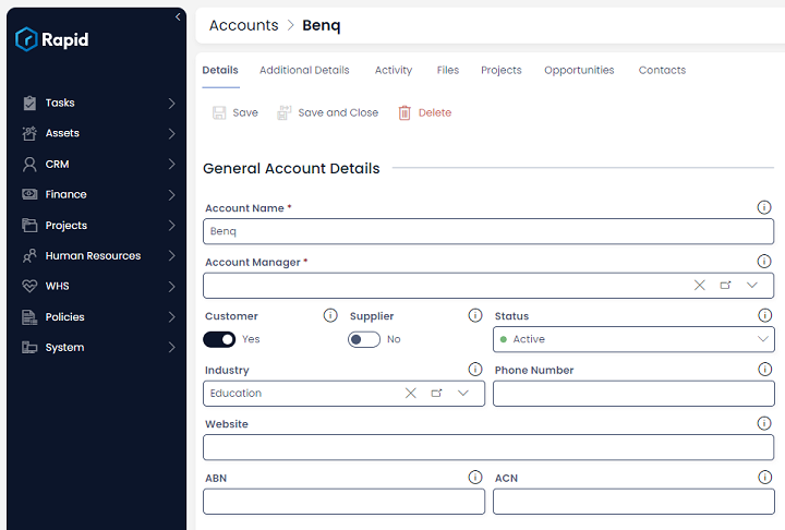 A sample Account item page. This the details that have been entered in tis example are: &quot;Account Name: Benq&quot;, &quot;Customer: Yes&quot;, &quot;Supplier: No&quot;, &quot;Status: Active&quot;, &quot;Industry: Education&quot;.